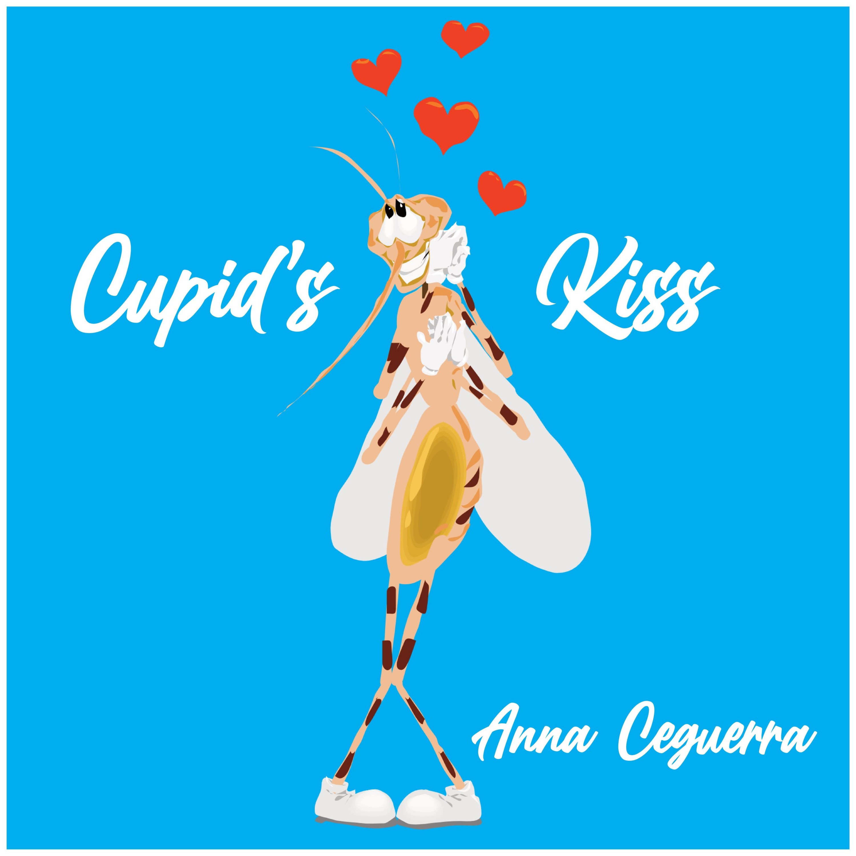 Cover for Cupid's Kiss, sky blue background with an illustrated mosquito clasps its hands with love hearts emanating from their body