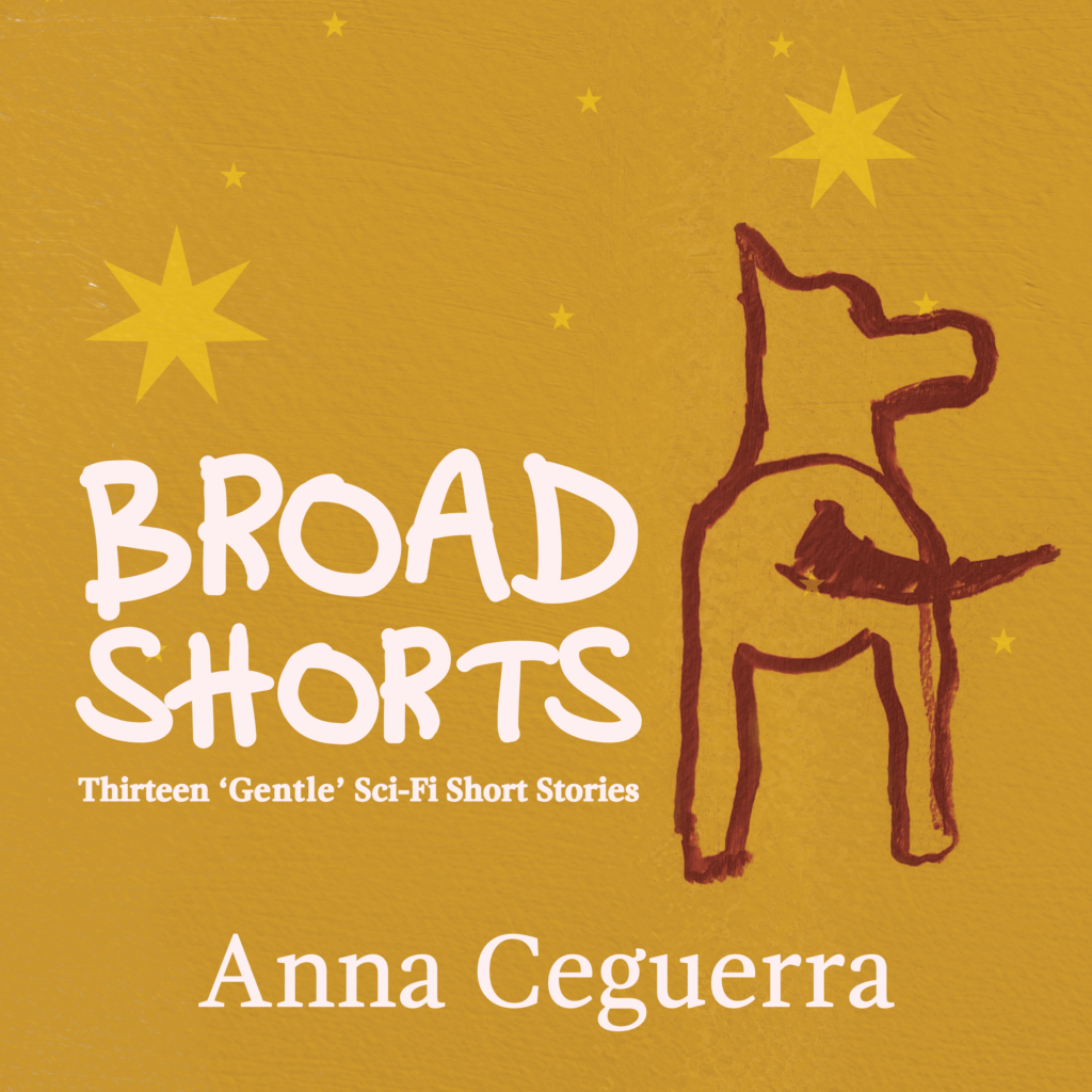 broad shorts by Anna Ceguerra audiobook cover. Mustard yellow background with dark red outline of a dingo under southern cross pointer stars